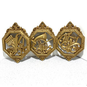 Homeco 1976 golden faux carved wood wall hangings set of 3 plaques music motif